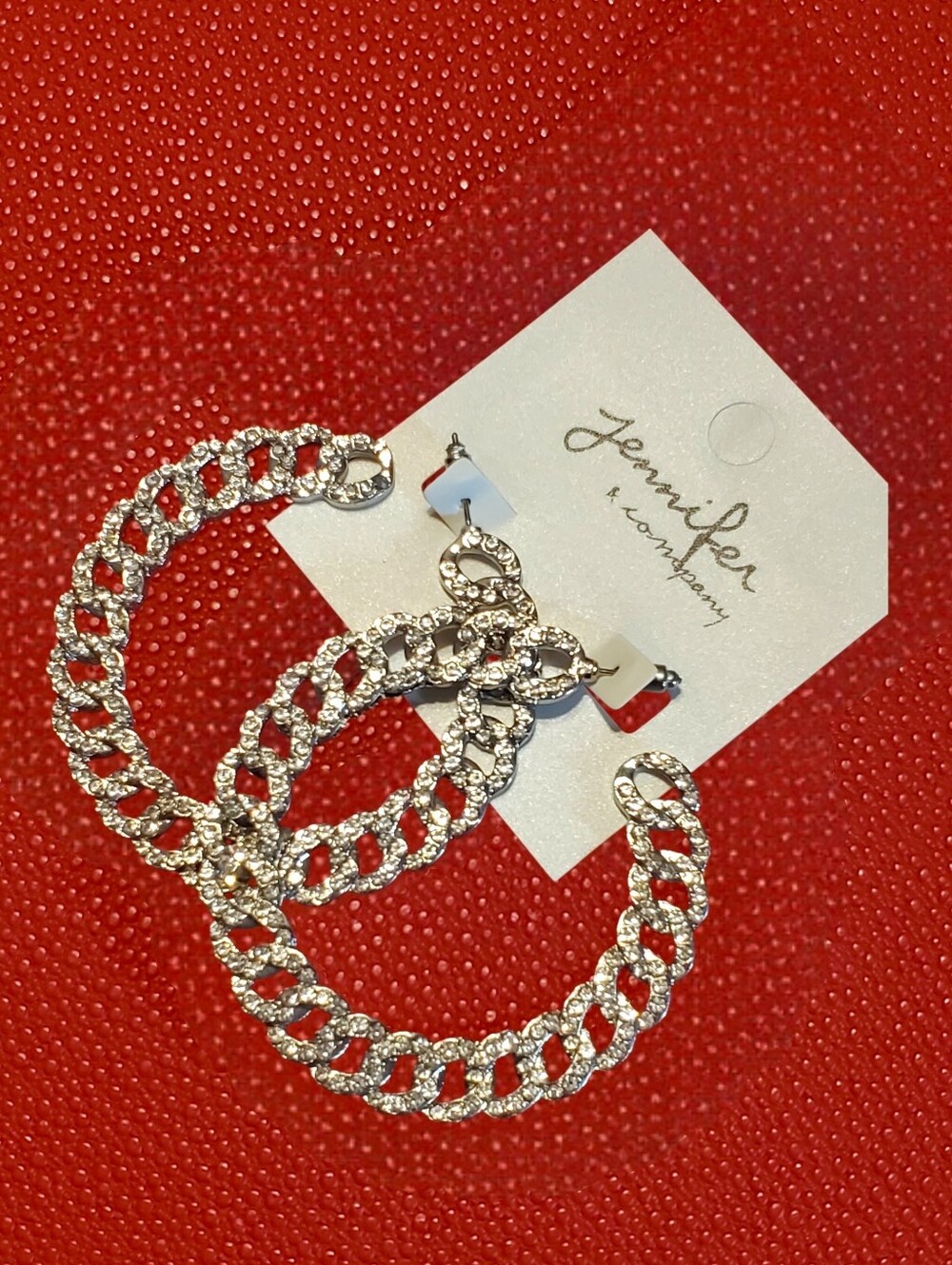 Silver Chain Link Open Hoop Flat Earrings with Rhinestones